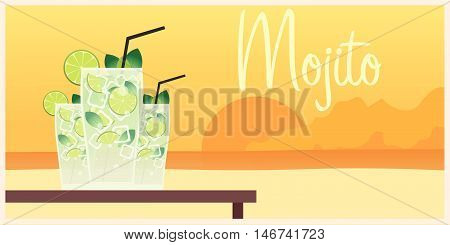 Fresh mojito with lime and green mint leaves in stylized glass.