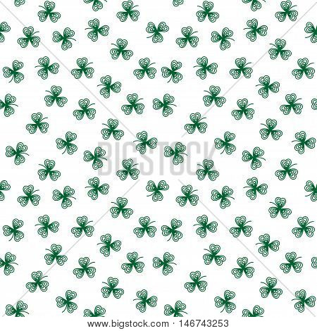Cute funny seamless background pattern with stylized green clover leaves isolated on the white fond. Vector illustration eps 10