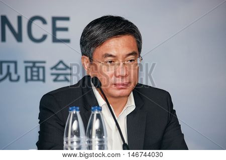 SHANGHAI CHINA - AUGUST 31 2016: Huawei Enterprise BG president Yan Lida at press-conference at Connect 2016 information technology conference and exhibition in Shanghai China on August 31 2016.