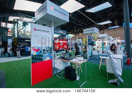 SHANGHAI CHINA - SEPTEMBER 2 2016: Booth of Broadcom company at Connect 2016 information technology conference and exhibition in Shanghai China on September 2 2016.