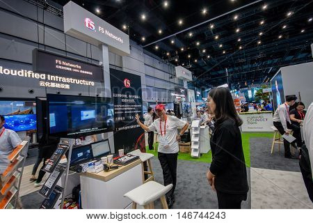 SHANGHAI CHINA - SEPTEMBER 2 2016: Booth of F5 Networks company at Connect 2016 information technology conference and exhibition in Shanghai China on September 2 2016.