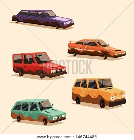 Set of dirty vintage american automobile. Cartoon vector illustration. Car isolated. Design element. Carwash.