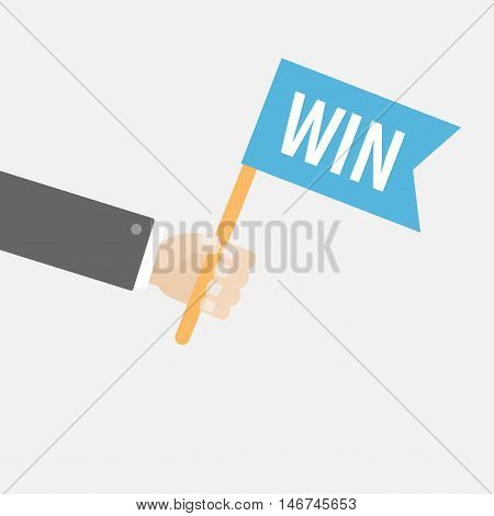 Businessman hand holding flag with word Win. Car racing competition atribute. Motocross sport finishing. Flat design style. White background. Isolated. Vector illustration