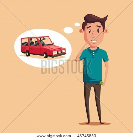 Man thinking of choice. Money for spending. Vectro cartoon illustration. Character design. Cute person. Good idea.