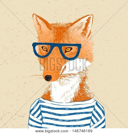 Colorful hand drawn dressed up fox in hipster style
