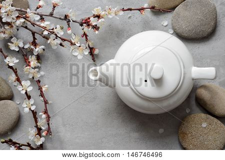 Teapot decorated with spring bloming tree branch tea concept top view can be used both horizontal and vertical