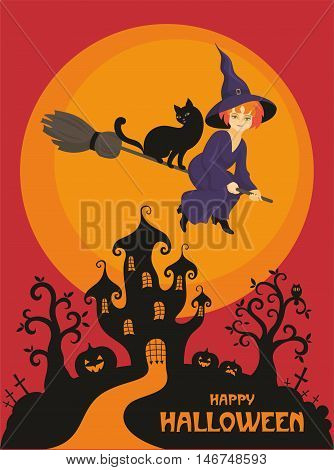 Halloween greeting card with the image of the little witch and fairytale castle