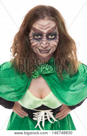 Green Gobling Girl, Isolated On White, Concept Ireland And Fairytales