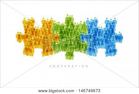 Cooperation Brainstorming Teamwork concept made from yellow, green and blue puzzle pieces being fitted together 