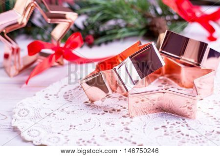 Star-form copper baking pasry form for Christmas cookies with Christmas decoration