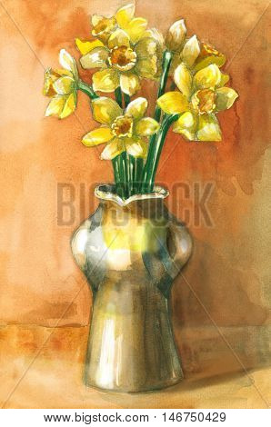 Spring flowers narcissus isolated on white background. Watercolor hand drawn illustration.