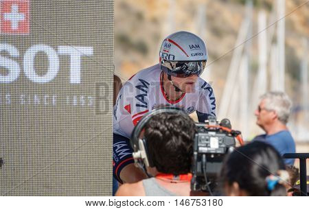 JAVEA - SEPTEMBER 9: Mathias Frank concentrates for the decisive time trial stage of La Vuelta on September 9, 2016 in Alicante, Spain