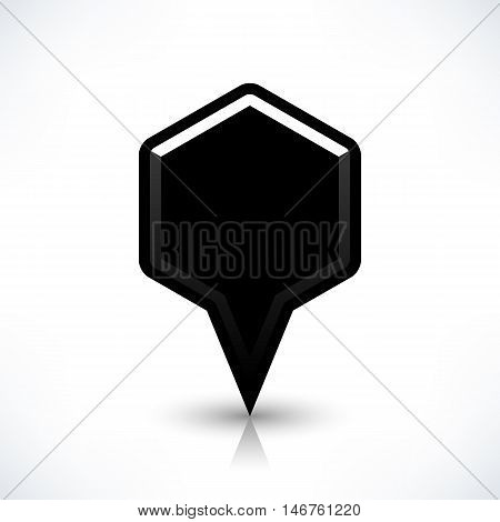 Blank map pin location sign rounded hexagon icon in flat style. Empty black shapes with gray oval shadow and reflection on white background. Web design element saved in vector illustration 8 eps