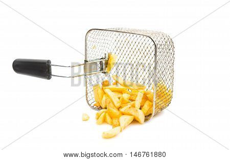 fried potatoes and frying pan basket on a white background