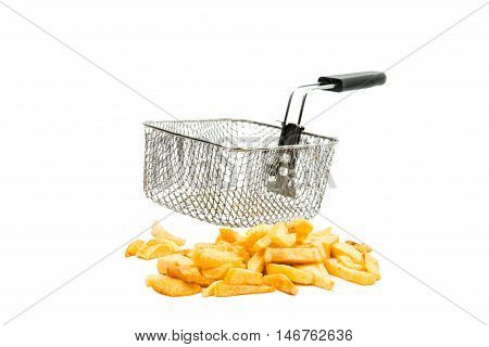 fried potatoes and frying pan basket on a white background