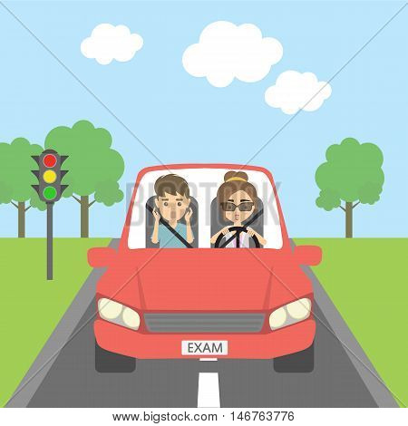 Driving exam frightening. Male instructor and female learner are scared. Funny cartoon situation. Riding on the city street.