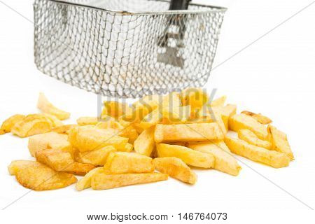 fried potatoes and frying pan basket on a white background