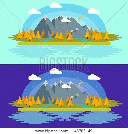 Autumn Flat design nature landscape illustration with sun, hills and clouds, for your application , project