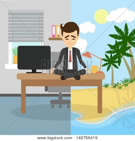 Meditation and relaxing. Businessman sitting in a lotus pose and meditate imagining sunny beach, palms and ocean. Concept of relaxation in office.