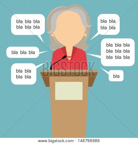 Blah blah politician. Concept of lie on debates or president election. Blank template face with speech bubbles. Female speaker.