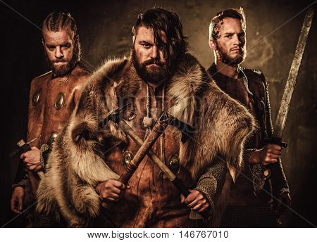 Mad vikings warriors posing in studio.