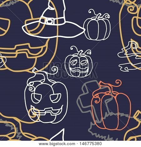 vector illustration seamless pattern pumpkin lantern glowing darkness of the tomb .tombstone potion boiler smoke hat terrible dark