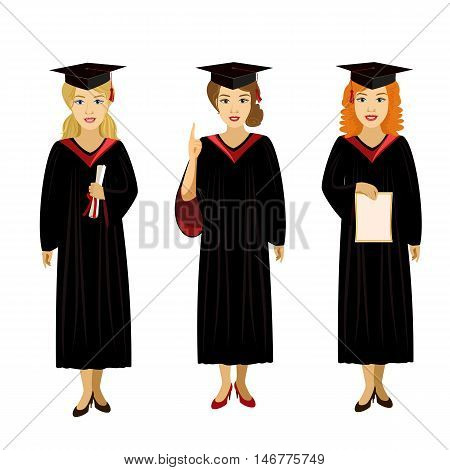 vector illustration isolated character girl graduate diploma smile cap gown stand