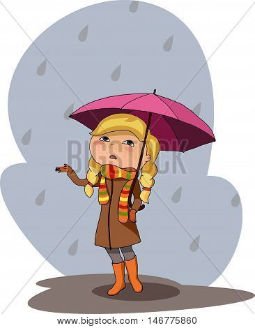 vector illustration of a girl under pink purple umbrella rainy gray day sad sad mood raindrops warm brown coat colorful scarf gloves orange boots