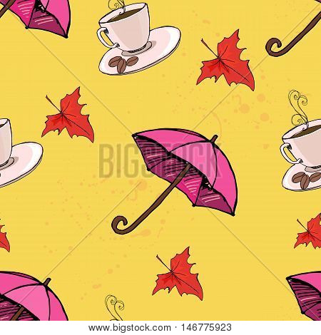 vector background seamless texture hot coffee umbrella leaf maple red yellow brown