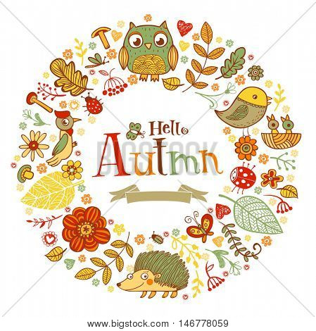 Hello Autmn banner in doodle style, hand-drawn animals and insects, flowers and plants