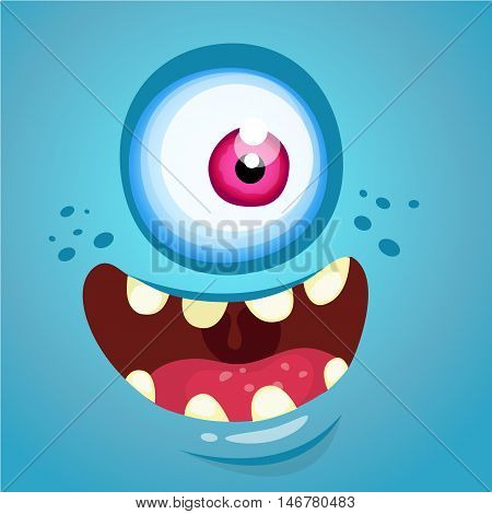 Cartoon monster face. Vector Halloween blue monster with one eye