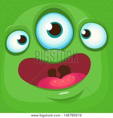 Cartoon monster face. Vector Halloween green monster avatar with three eyes smile