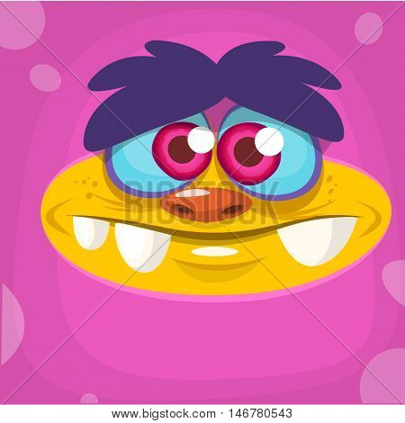 Cartoon monster face. Vector Halloween pink monster avatar