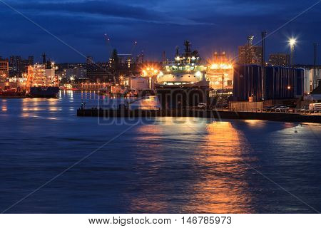 ABERDEEN SCOTLAND - 27 JANUARY 2016: Big supply boats in Abeerden harbor on 27 January 2016. Aberdeen port is one of the busiest ports in UK.