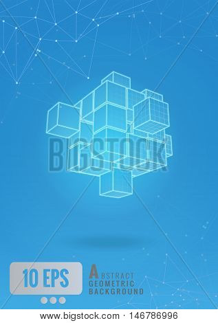 Glowing abstract geometric cube wireframe with graphic line on blue background