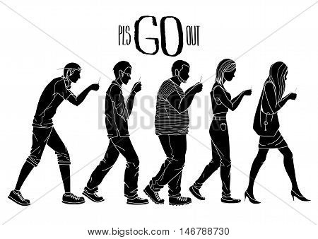 Group of walking people looking into their smartphones. Side view of men and women isolated on white background. Trendy outdoor activities. Modern game