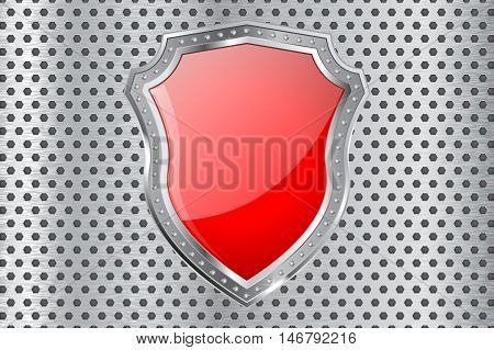Red shield with metal frame on steel perforated background. Vector illustration