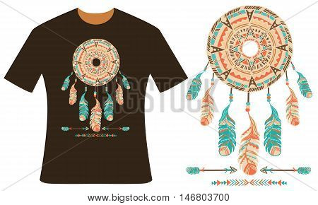 Design for your t-shirt. Dreamcatcher, feathers and arrows. Style boho. Hand drawn vector illustration.