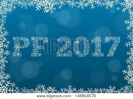PF (Pour Feliciter Happy new year) 2017 - white text made of snowflakes on background with bokeh effect and frame made of snowflakes