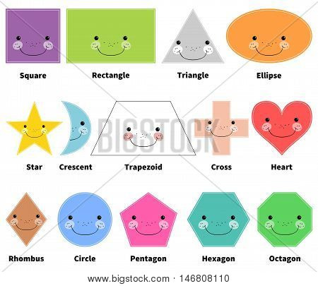 Learn 2D shapes. Cartoon smiling shapes for kids. Isolated objects on white background with caption