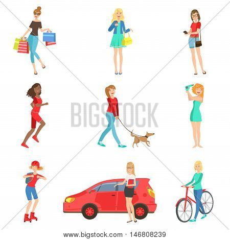 Women And Girls Different Lifestyle And Activities Set Of Flat Simplified Childish Style Cute Vector Illustrations Isolated On White Background