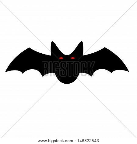 Flying bat sign. Image of black vampire with red eyes. Creepy icon isolated on white background. Symbol of dracula. Logo for party or greeting. Mysterious creature. Mark of Halloween. Stock VECTOR