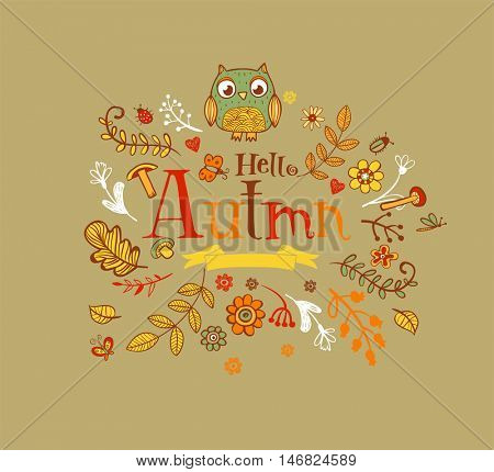 Hello Autmn banner in doodle style, hand-drawn animals and insects, flowers and plants