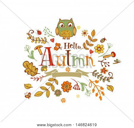 Hello Autmn banner in doodle style, hand-drawn animals and insects, flowers and plants