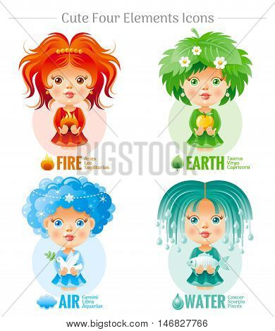 Four elements Zodiac astrological sign icon set. Cute cartoon baby girl character. Abstract template red Fire, green Earth, Air, Water vector icons. Horoscope modern illustration. White background