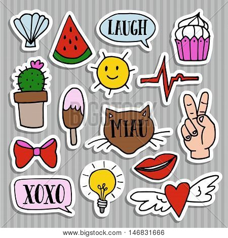 Set of fashion patches badges pins and stickers. Cool trendy hand drawn design. Isolatedvector objects