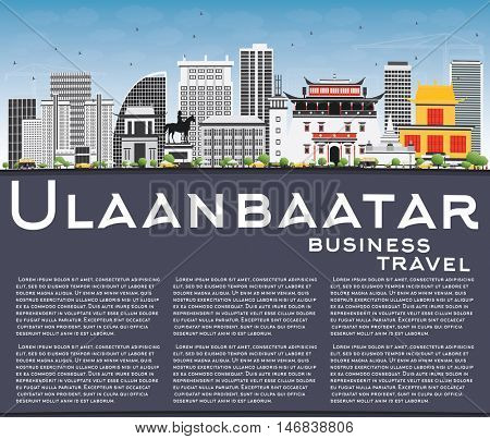 Ulaanbaatar Skyline with Gray Buildings, Blue Sky and Copy Space. Vector Illustration. Business Travel and Tourism Concept with Historic Buildings. Image for Presentation Banner Placard and Web.