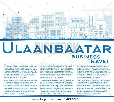 Outline Ulaanbaatar Skyline with Blue Buildings and Copy Space. Vector Illustration. Business Travel and Tourism Concept with Historic Buildings. Image for Presentation Banner Placard and Web.
