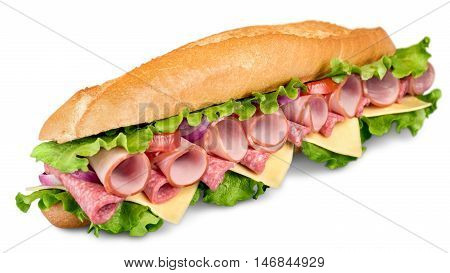 Footlong ham & swiss submarine sandwich isolated on white