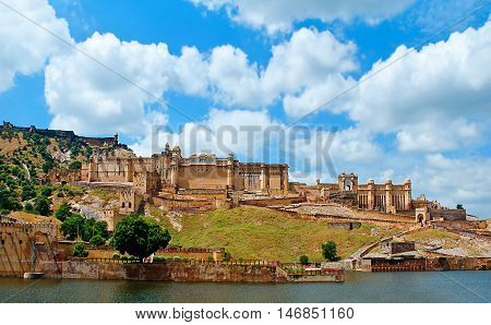 Amber Fort with blue sky in Jaipur, Rajasthan, India.